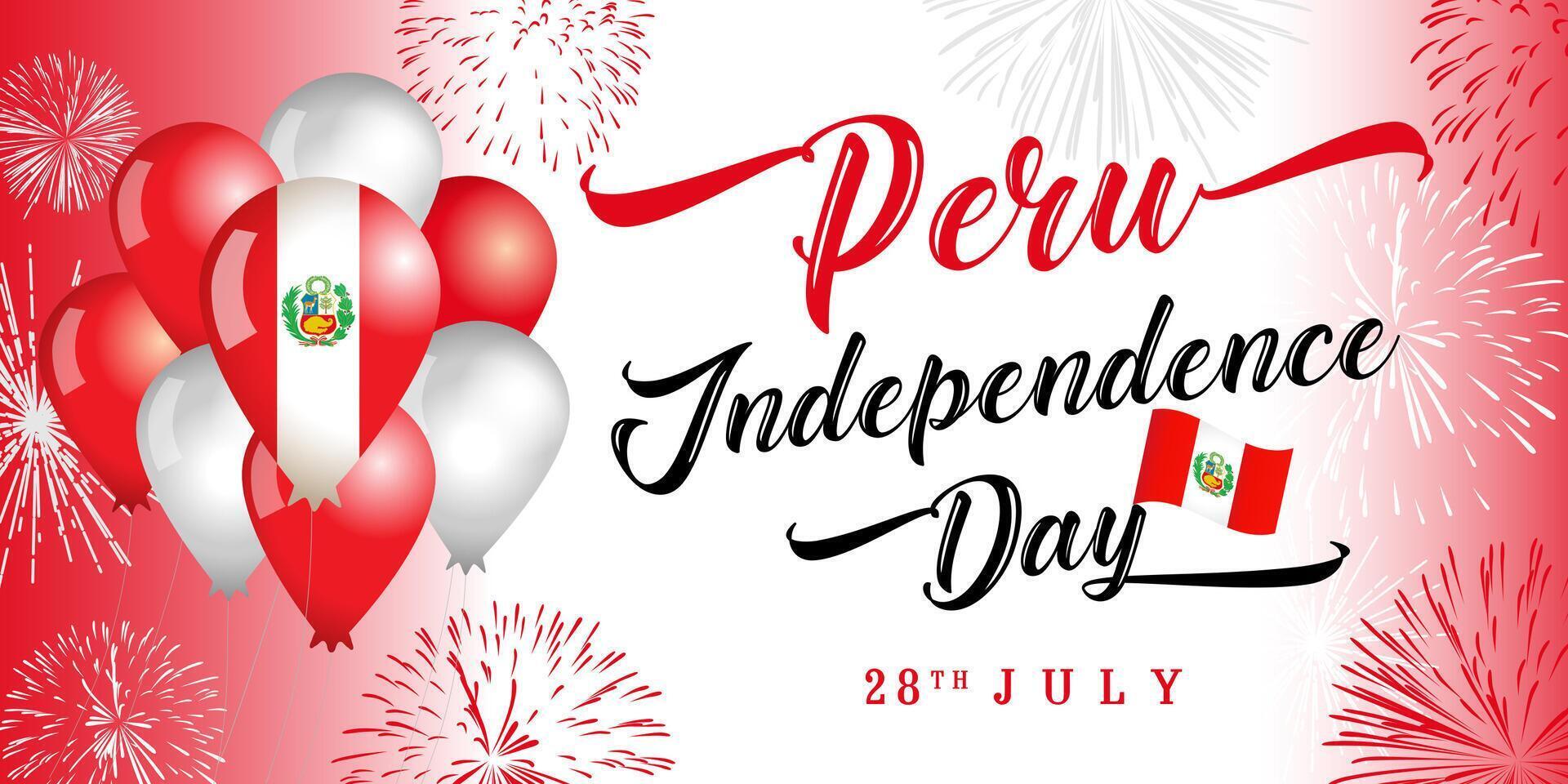 Peru Independence day greeting card with 3D balloons and flag colors backdrop vector