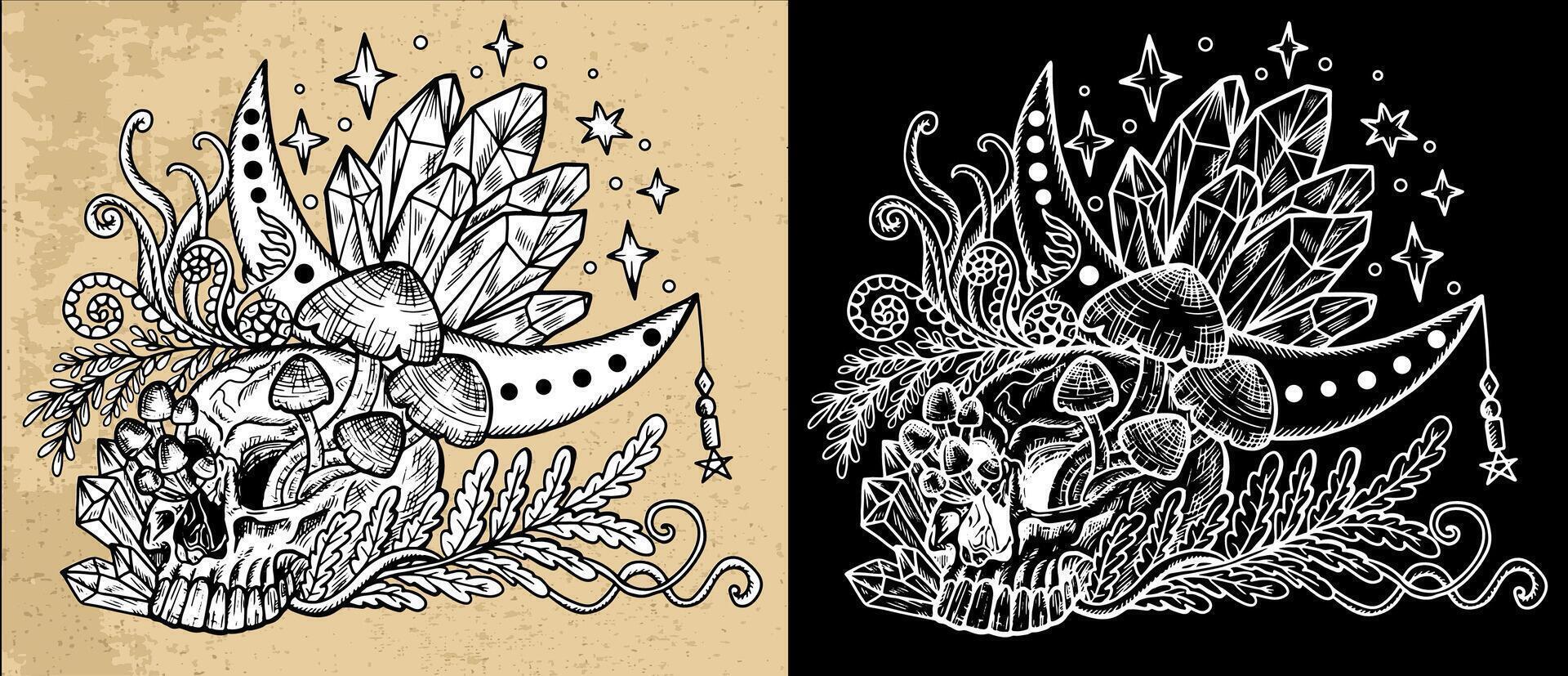 Celestial mystic mushrooms with magic and floral decorative design elements, skull and crystals, witchcraft symbols. Esoteric and witchy objects, tattoo concept, hand drawn clipart vector