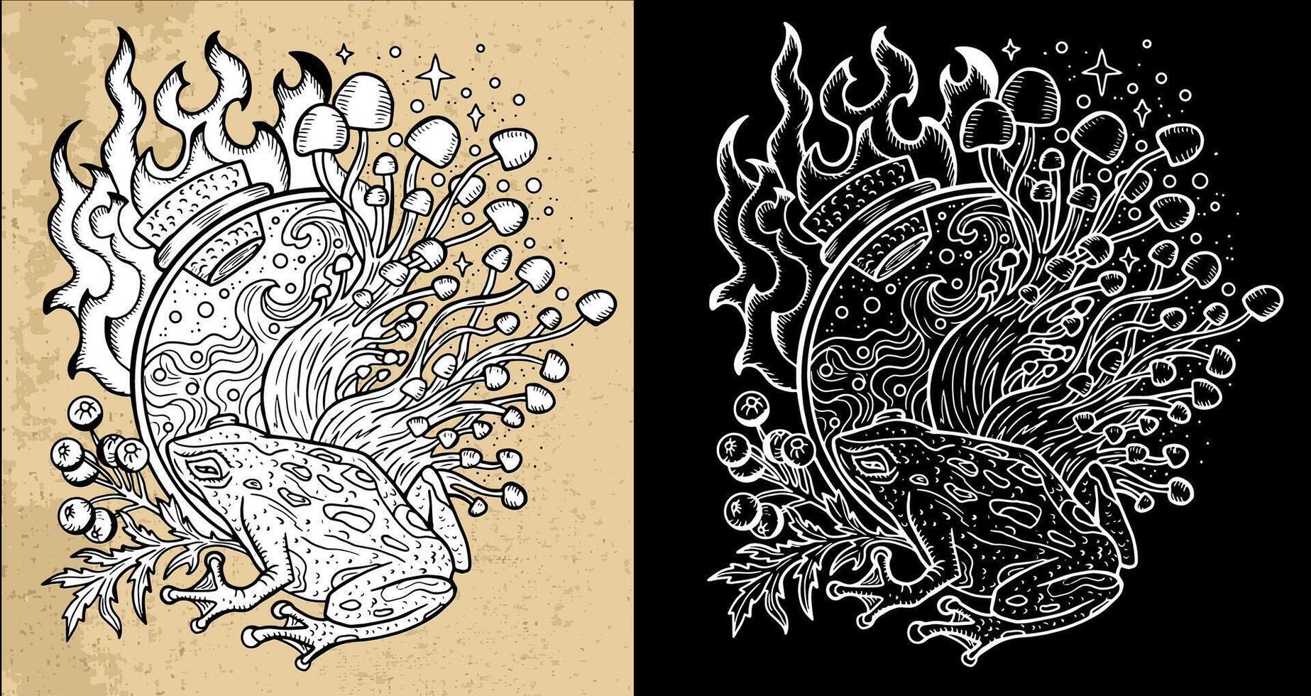 Celestial mystic mushrooms with magic and floral decorative design elements, frog, potion in bottle, witchcraft symbols. Esoteric and witchy objects, tattoo concept, hand drawn clipart vector