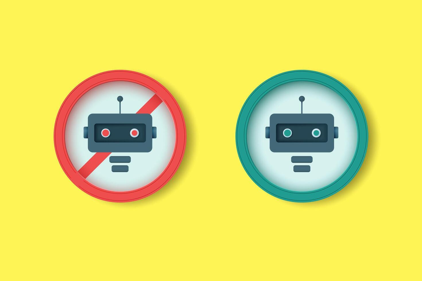 3D icons of an artificial intelligence chat bot in a prohibiting and allowing sign. vector