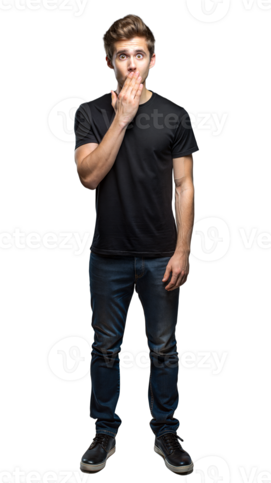 Young Man Covering Mouth With Hand, Surprised Expression, Casual Outfit, Transparent Background png