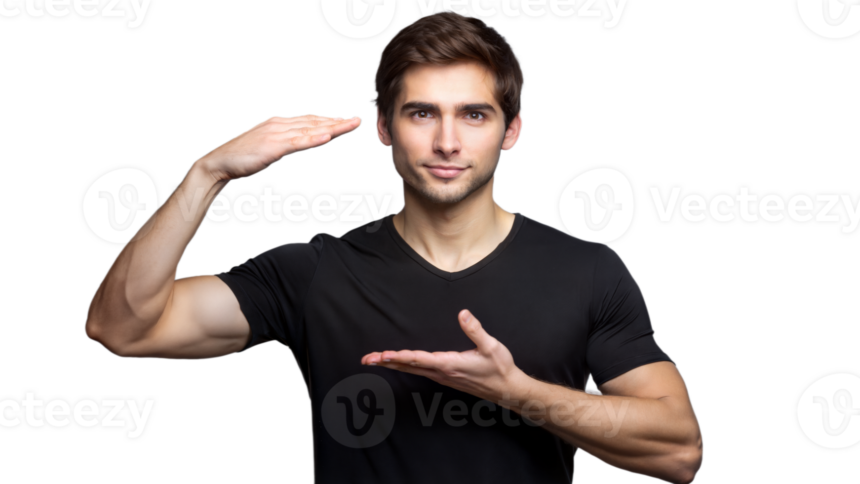 Young Man Gesturing With Hands, Holding an Imaginary Object, Wearing a Black T-Shirt png