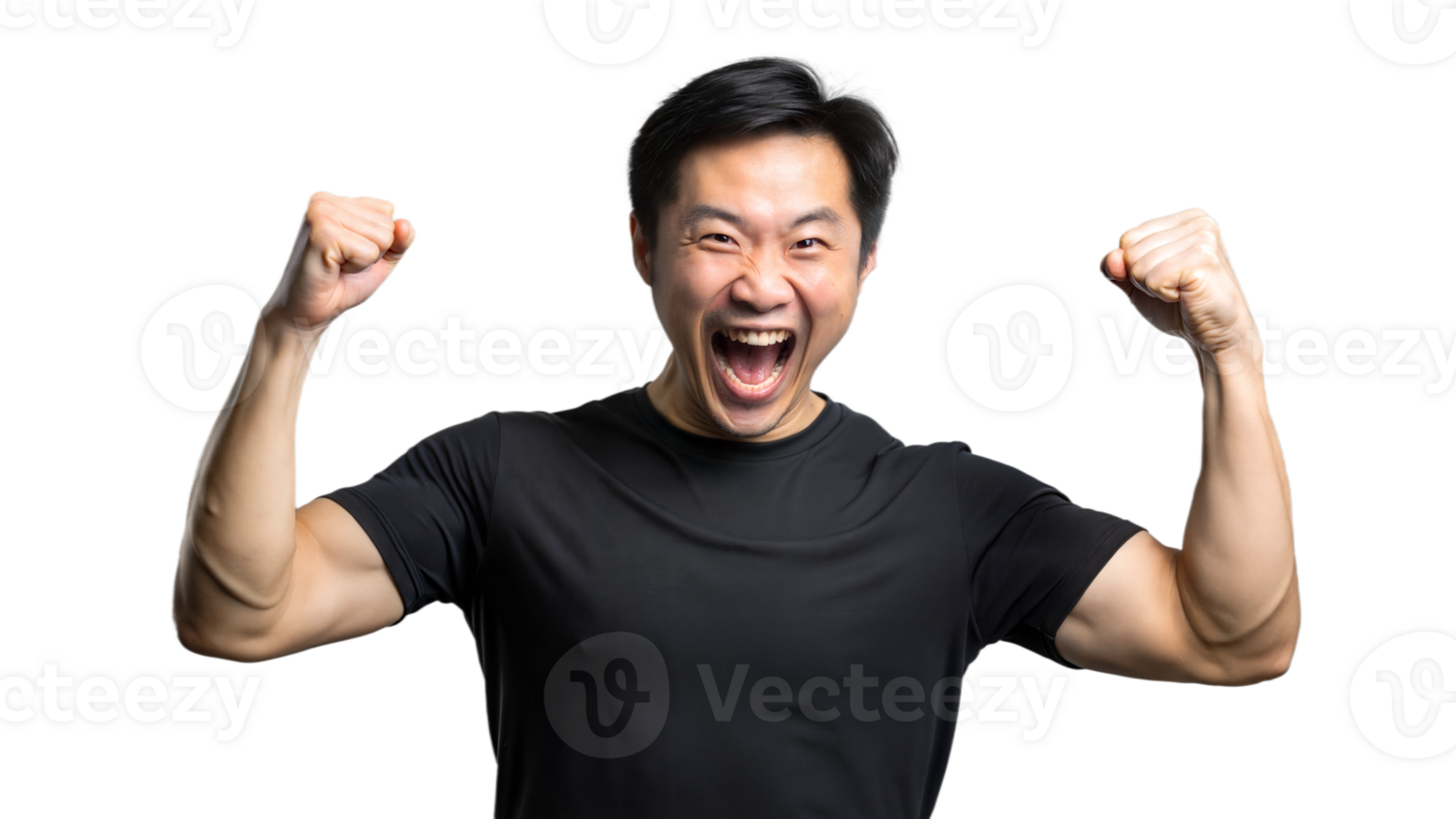 Excited Asian Man Wearing Black T-Shirt With Arms Raised In Victory png