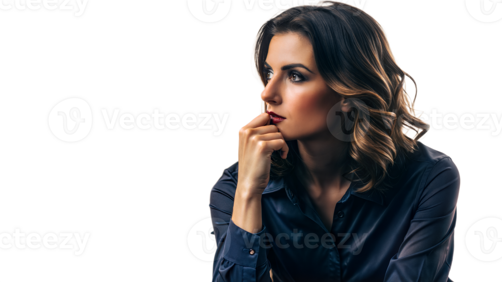 Woman In A Blue Shirt Thinking Pensively In Studio Setting png