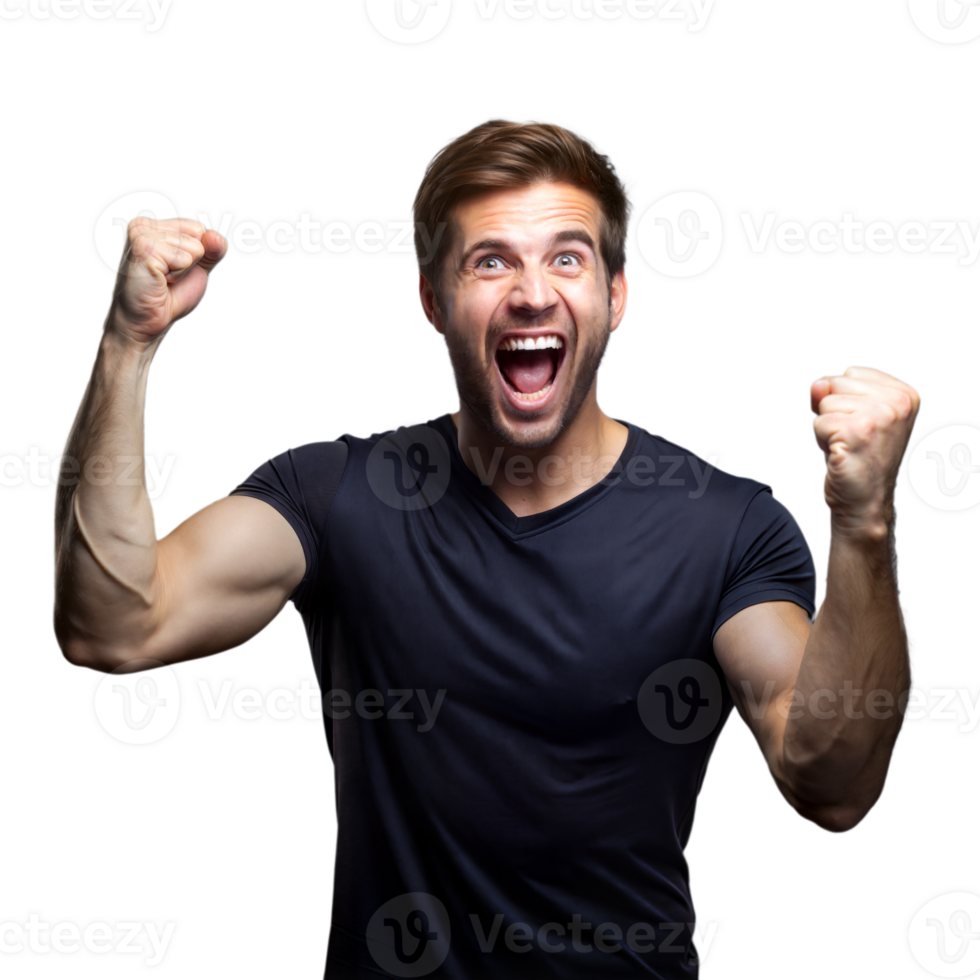 Excited Young Man Wearing Black T-Shirt Raises His Fists In Celebration png