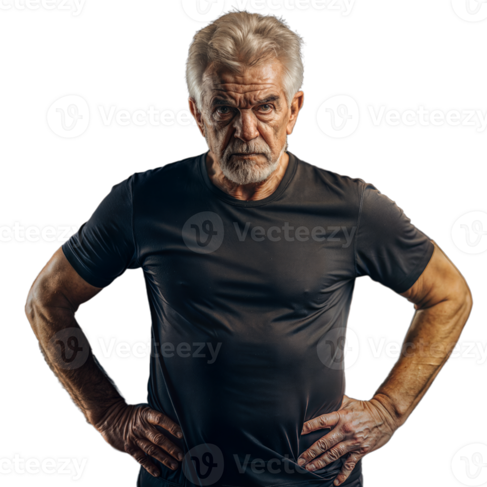 Old Man With Angry Expression Wearing Black T-Shirt Standing With Hands On Hips. png