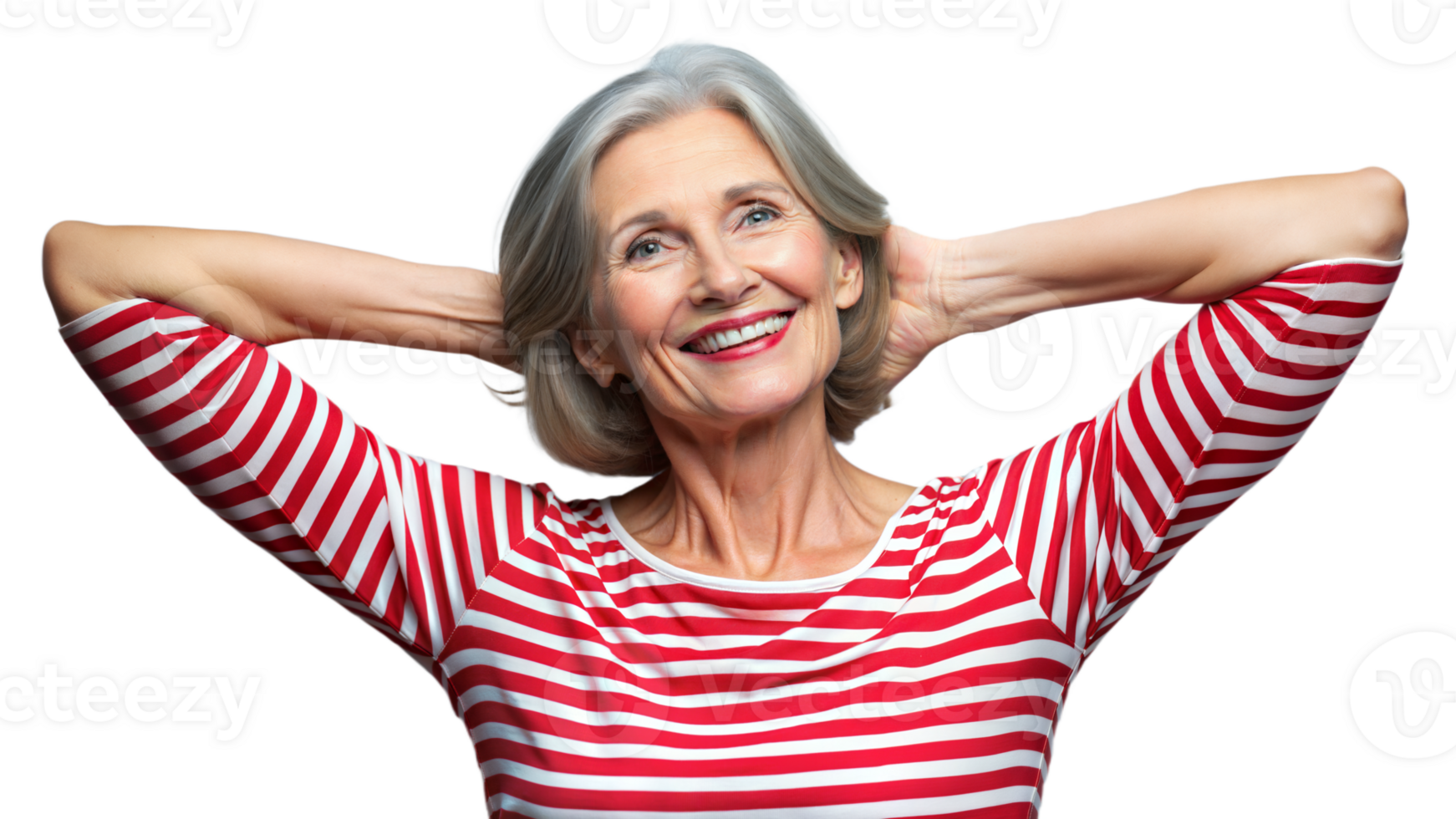 Happy Senior Woman in Red and White Striped Shirt png