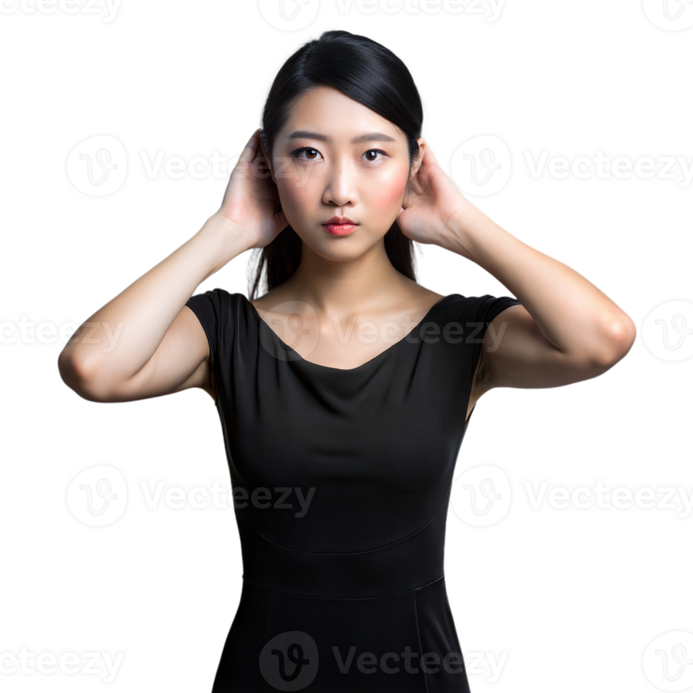 Young Asian Woman Wearing Black Dress Adjusting Her Hair png