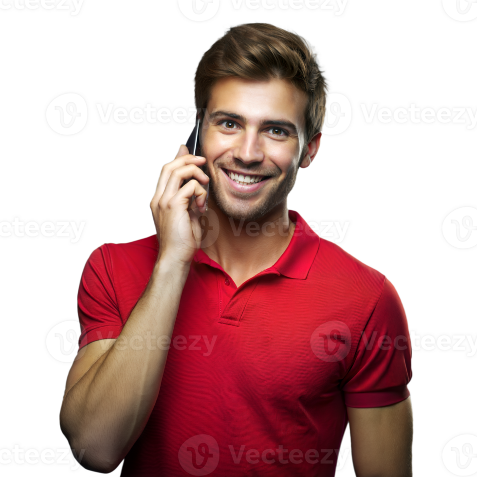 Smiling Man Talking On Mobile Phone Wearing Red Polo Shirt png