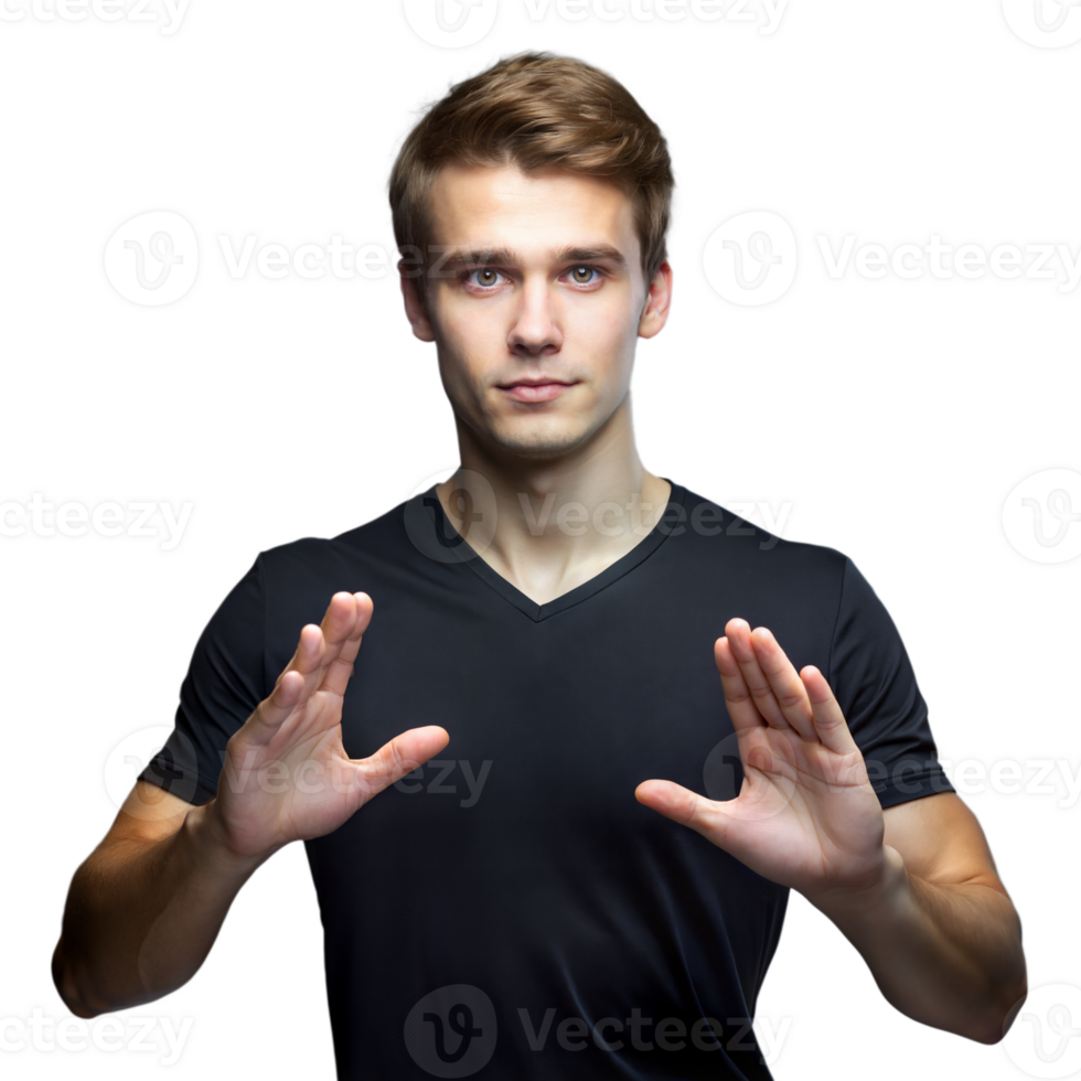 Young Man in Black Shirt Holding His Hands Up in Front of Him png