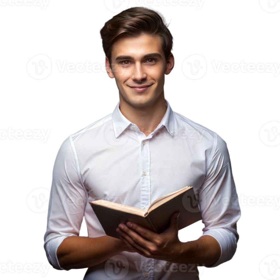 Smiling Man Holding Open Book Against Transparent Background png
