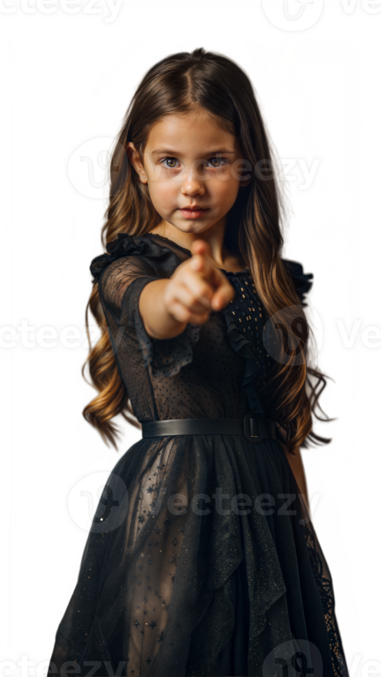 Young Girl in Black Dress Pointing at Camera png