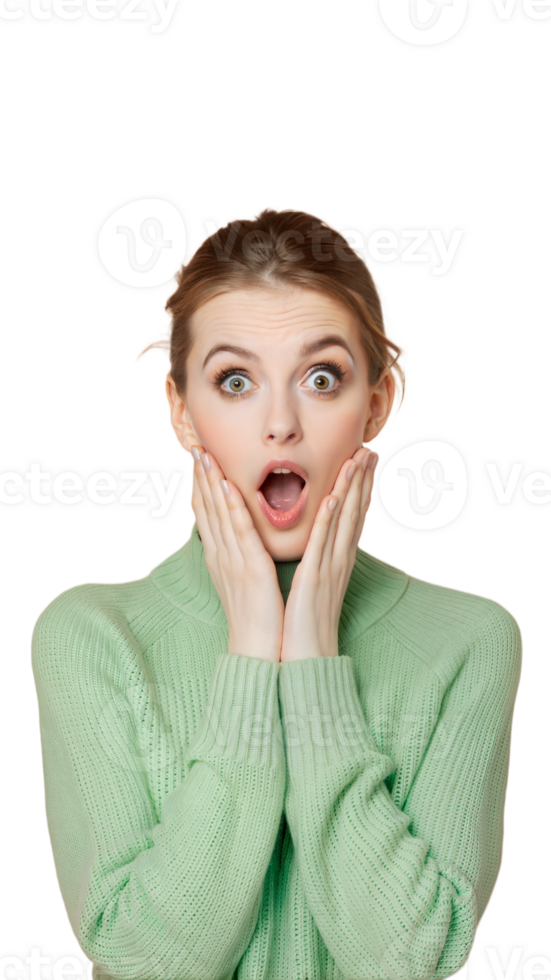 Woman in Green Sweater Looks Shocked png