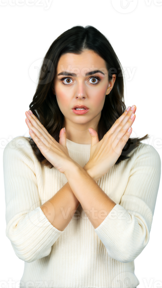 Woman Wearing White Sweater Making Stop Gesture With Arms Crossed png