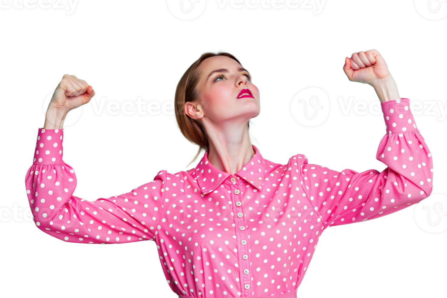 Woman In Pink Polka Dot Blouse Flexing Muscles With Head Tilted Back png