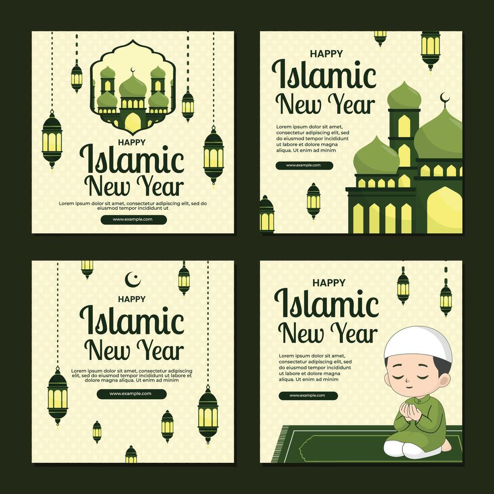 Muharram Islamic New Year social media post design template with mosque and lantern illustration vector