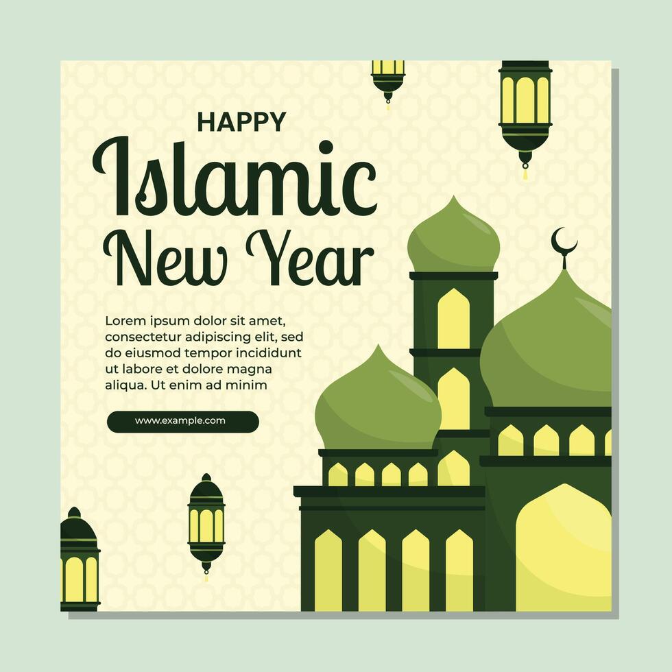 Muharram Islamic New Year social media post design template with mosque and lantern illustration vector