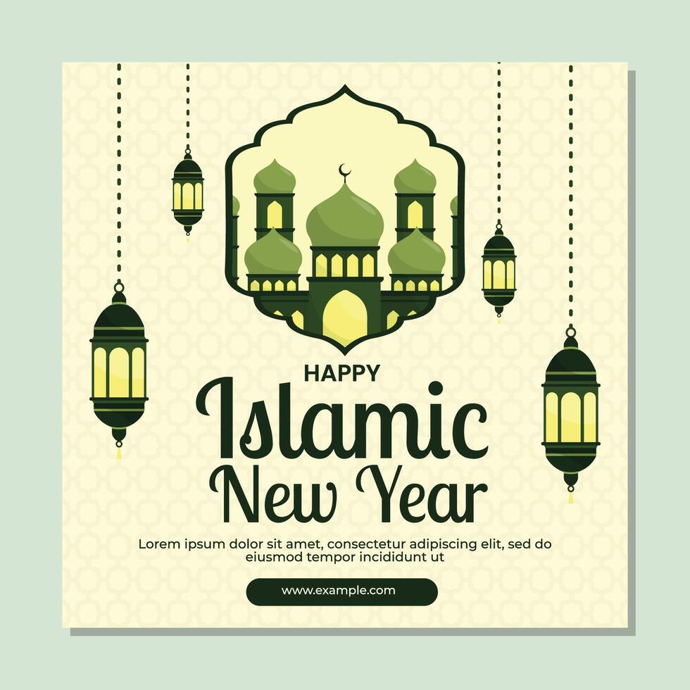 Muharram Islamic New Year social media post design template with mosque and lantern illustration vector