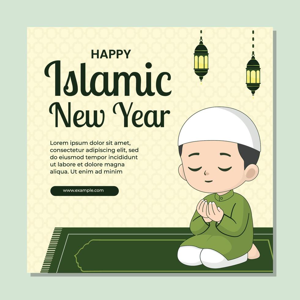 Muharram Islamic New Year social media post design template with mosque and lantern illustration vector