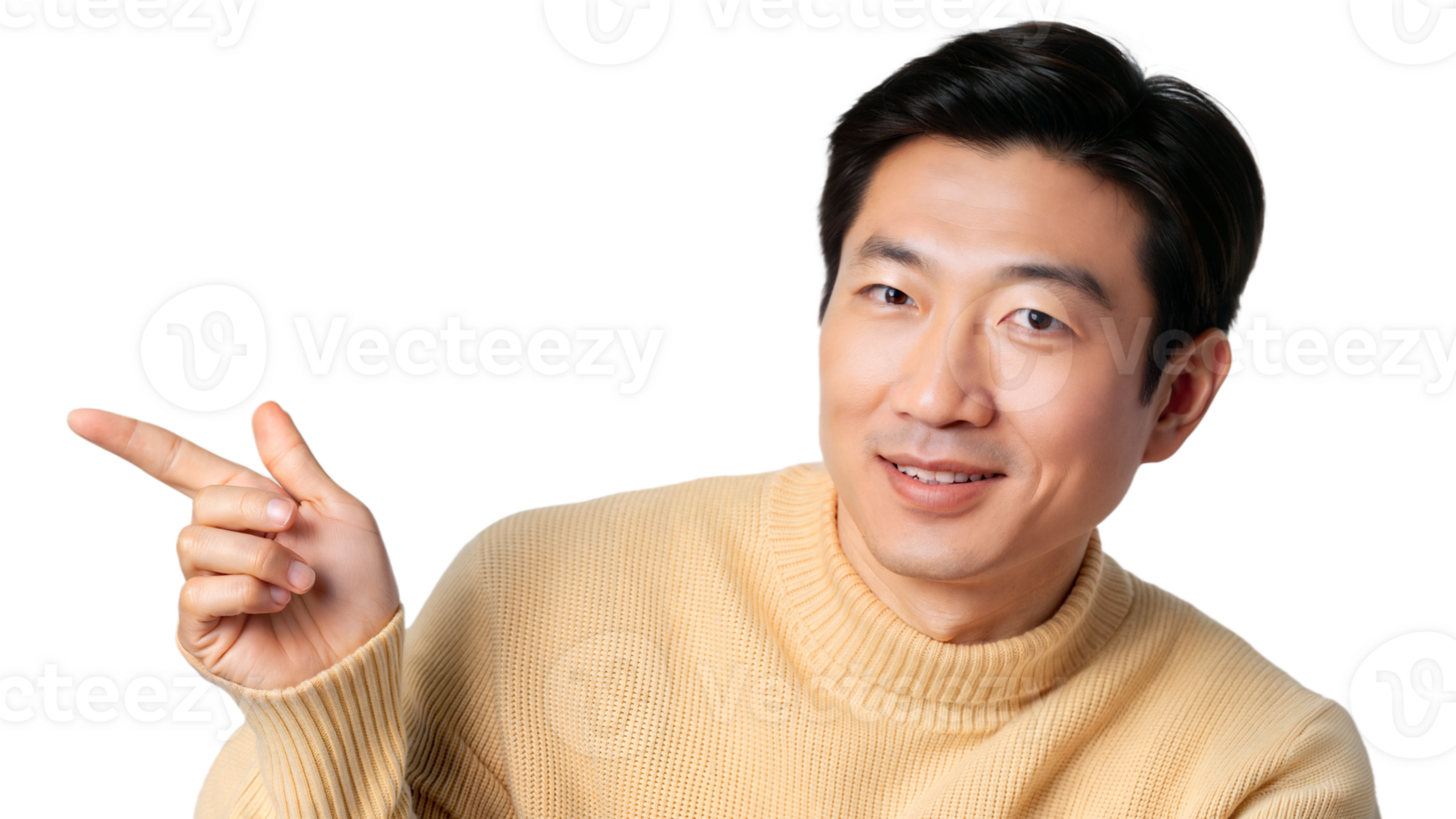 Smiling Asian Man Pointing Right, Isolated on Transparent Background png