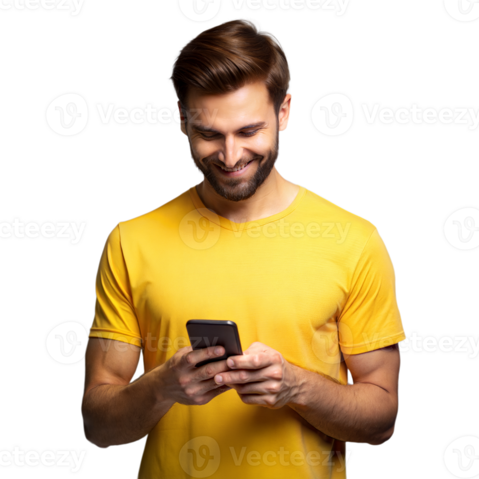 Smiling Man Using Smartphone In Yellow Shirt png