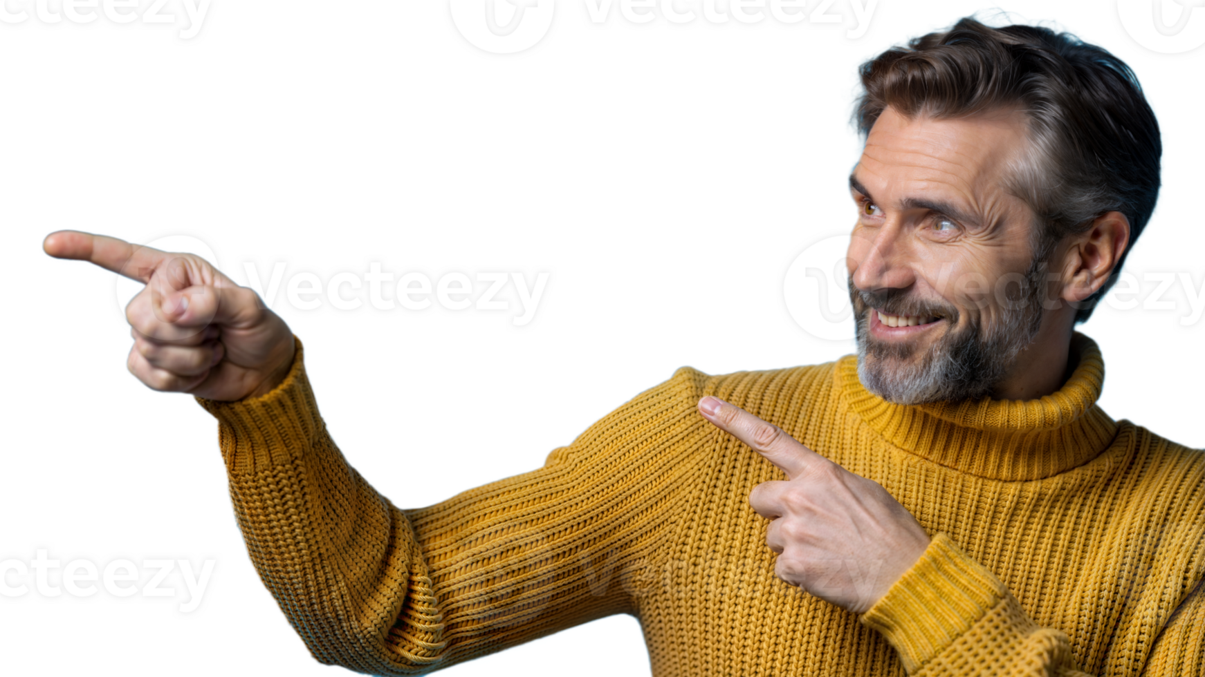 Happy Middle Aged Man Wearing Yellow Sweater Pointing With Both Hands png