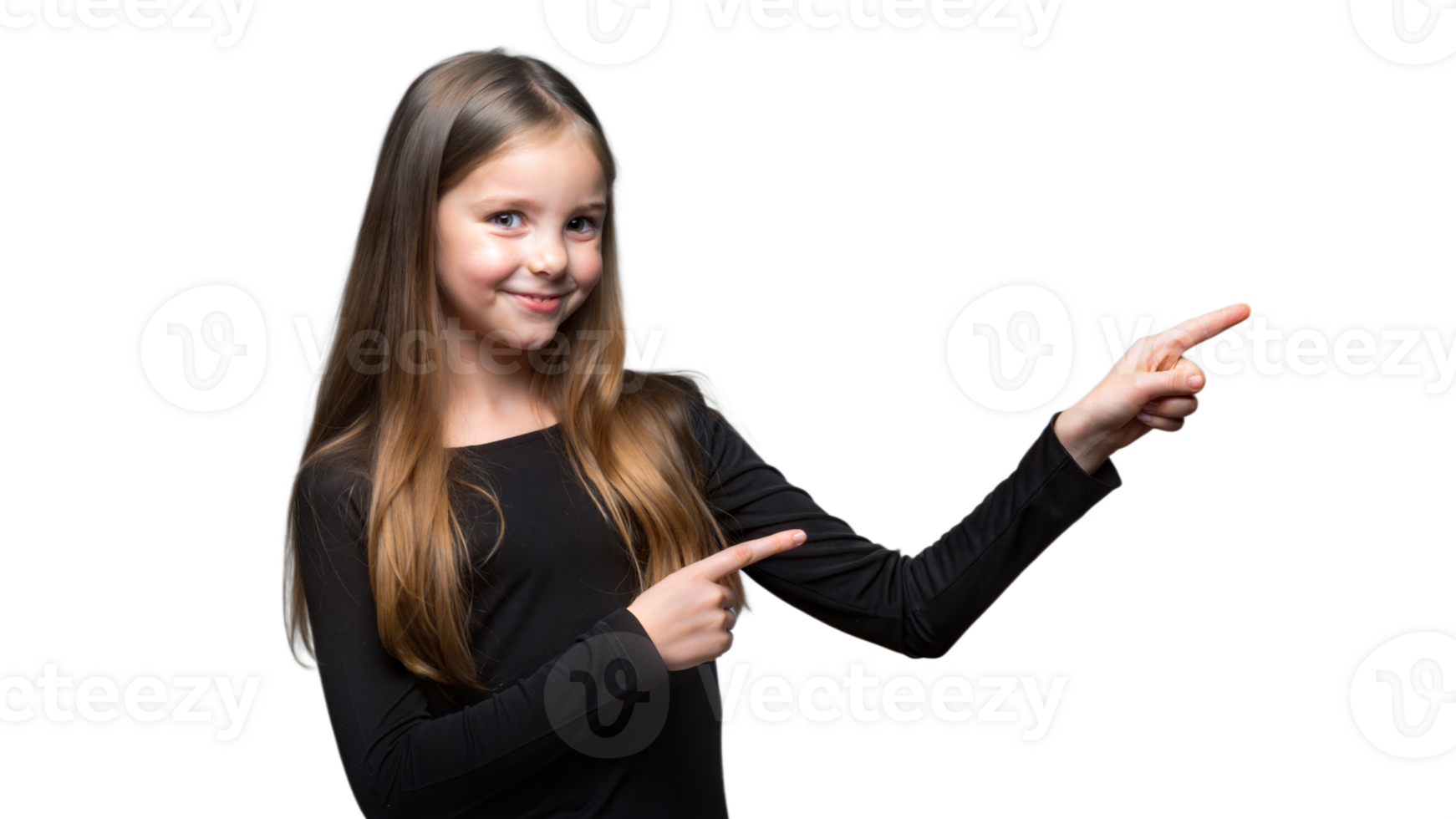 Young Girl With Long Brown Hair Pointing To The Right png