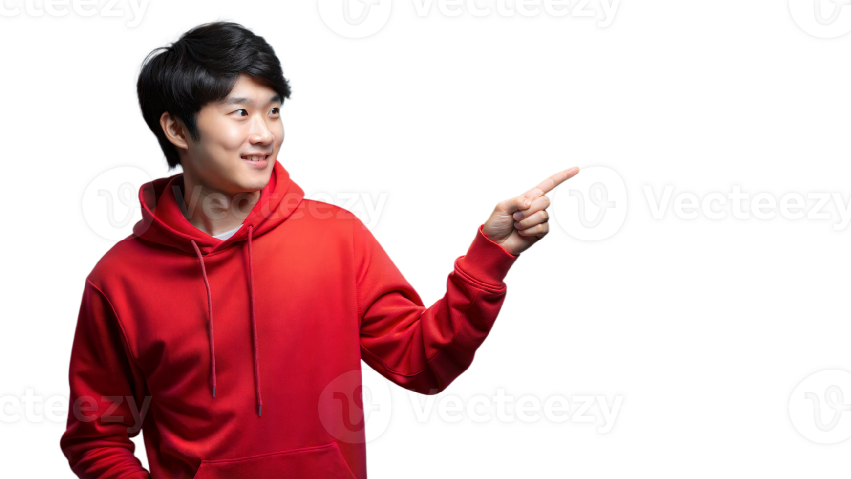 Smiling Man in Red Hoodie Pointing Right png
