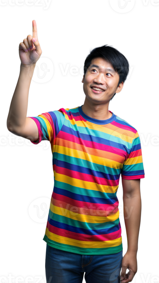 Man In Rainbow Striped T-Shirt Pointing Upward png