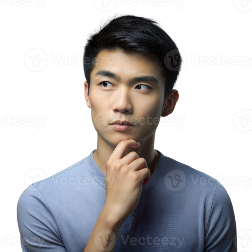 Thoughtful Young Asian Man Holding Chin and Looking Away png