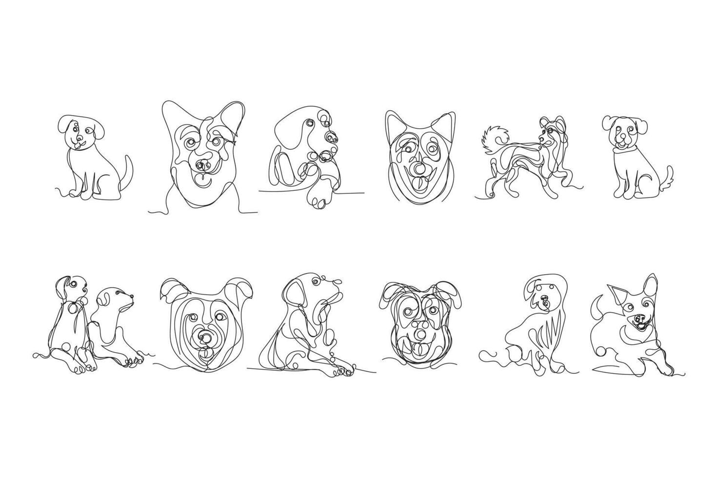 set of dogs one line art, dogs minimal line art, dogs continuous line art design style vector