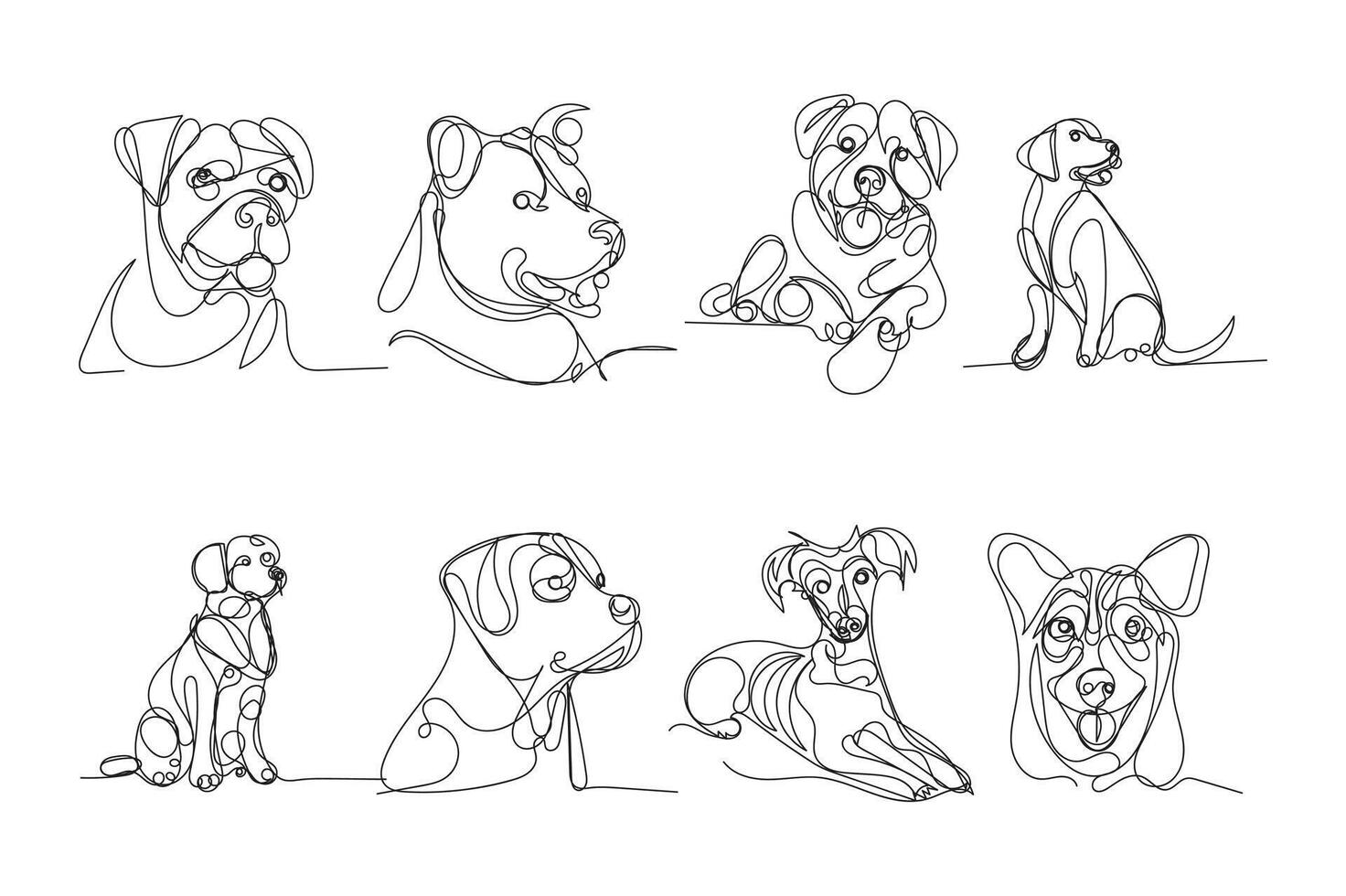 set of dogs one line art, dogs minimal line art, dogs continuous line art design style vector