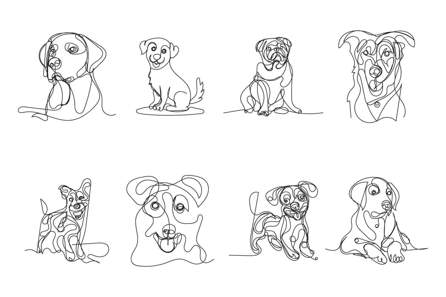 set of dogs one line art, dogs minimal line art, dogs continuous line art design style vector