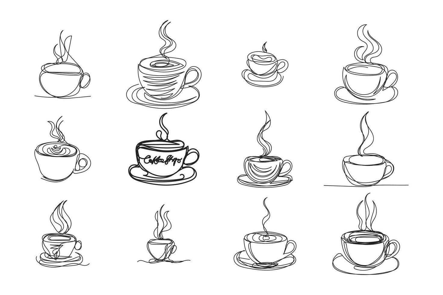 set of coffee cups one line art design vector