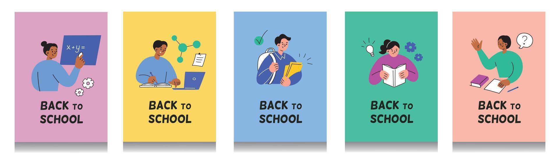 Back to school cards set with students and teachers. Flat cartoon style studying templates. Illustrations for education, learning. Classroom compositions with fun and playful characters vector