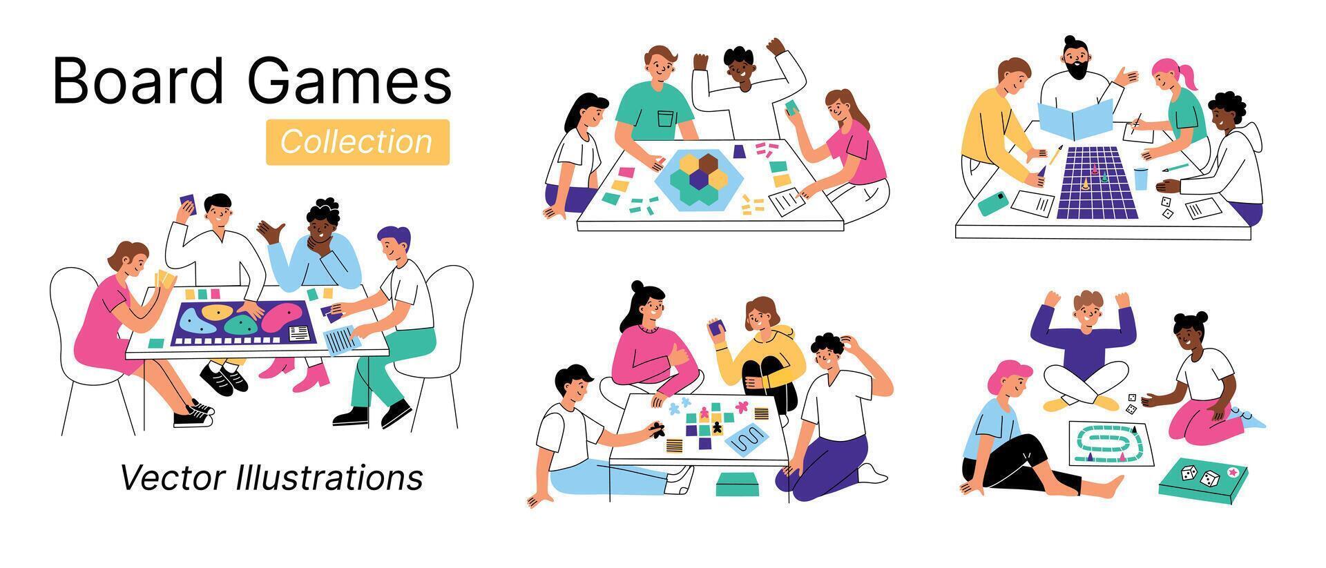 illustration set of people playing boardgames. Friends, families enjoying card game at the table. Children, adults, elderly cartoon style characters. Fun leisure time, bonding and entertainment vector