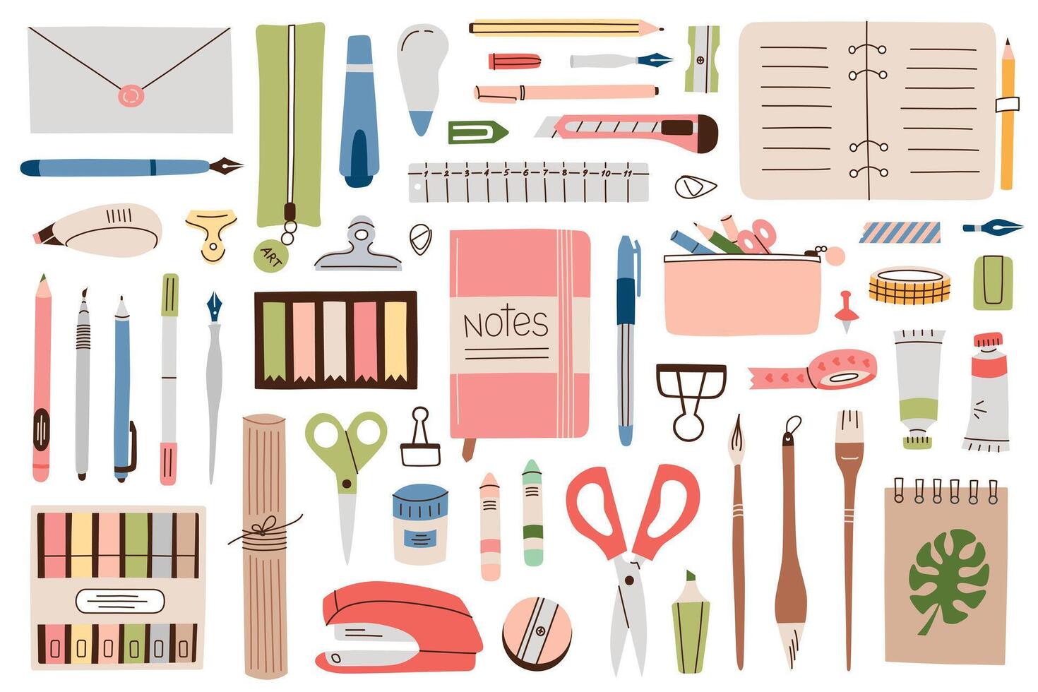 illustration of stationery, cartoon collection of school and office supplies. Set of pencils, pens, notebooks. Flat doodles of rulers, highlighters, tools for art, education and organization vector