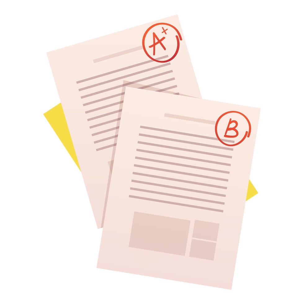 Stack of exam, test sheets with American grades. icon on white background vector