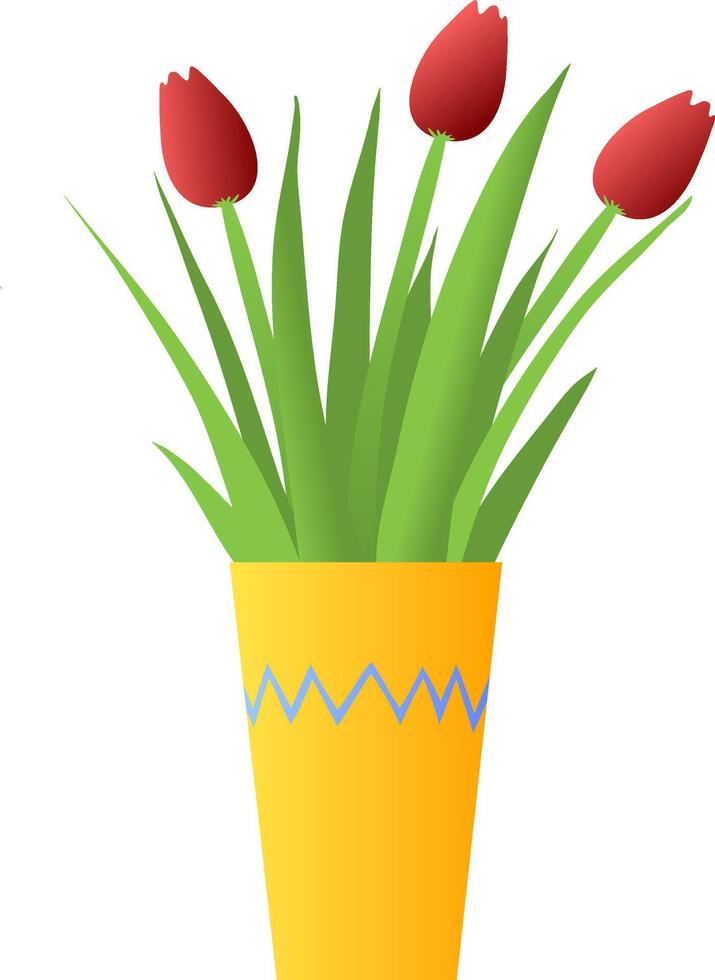 Yellow vase with red tulips on a transparent background. illustration Blooming tulip buds in a home vase and lots of green leaves vector