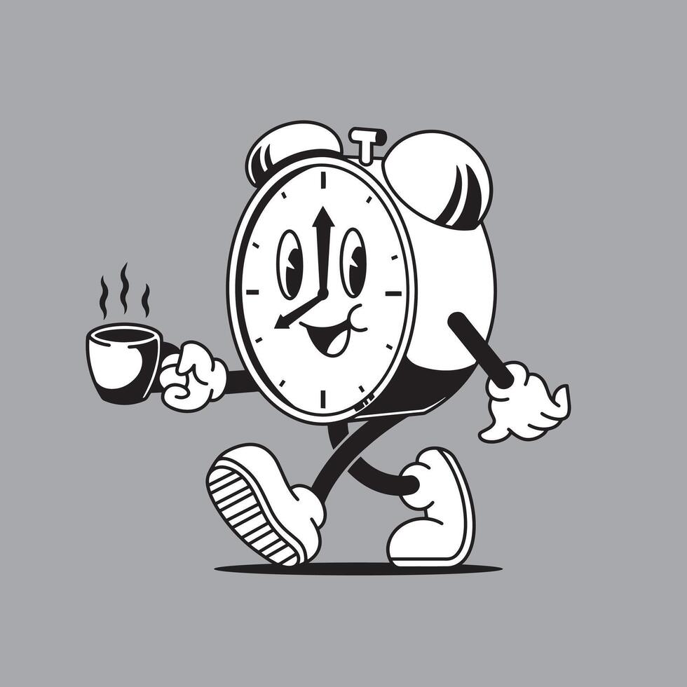 Cute clock holding coffee mascot vector