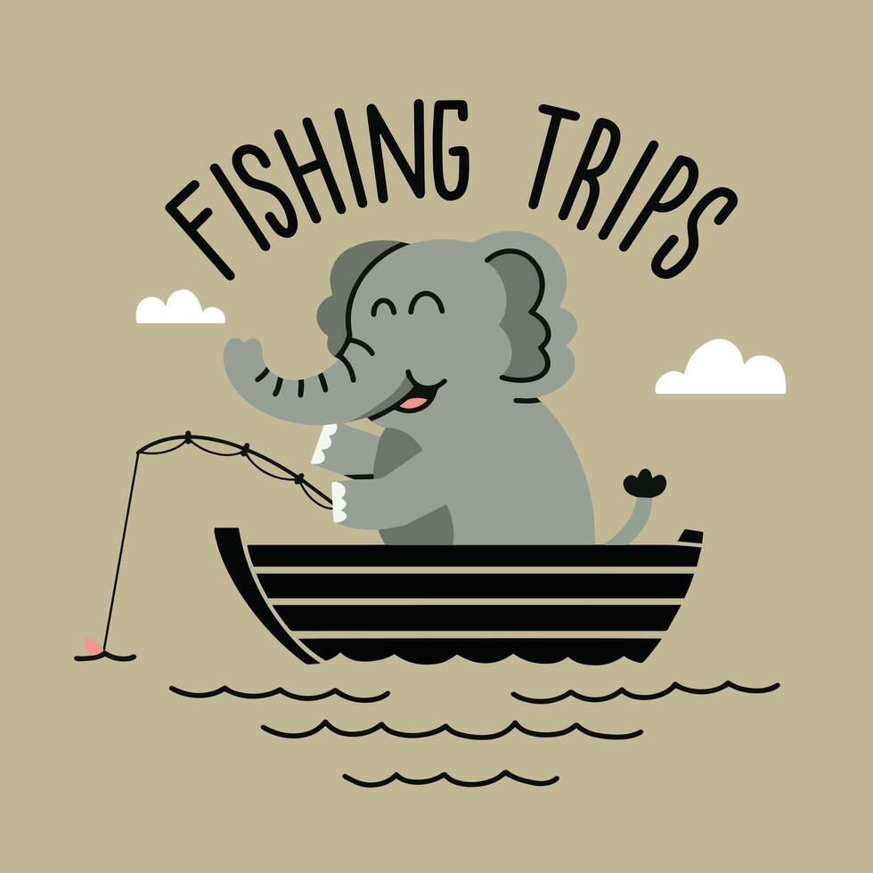 Cute elephant fishing illustration with tshirt design premium vector