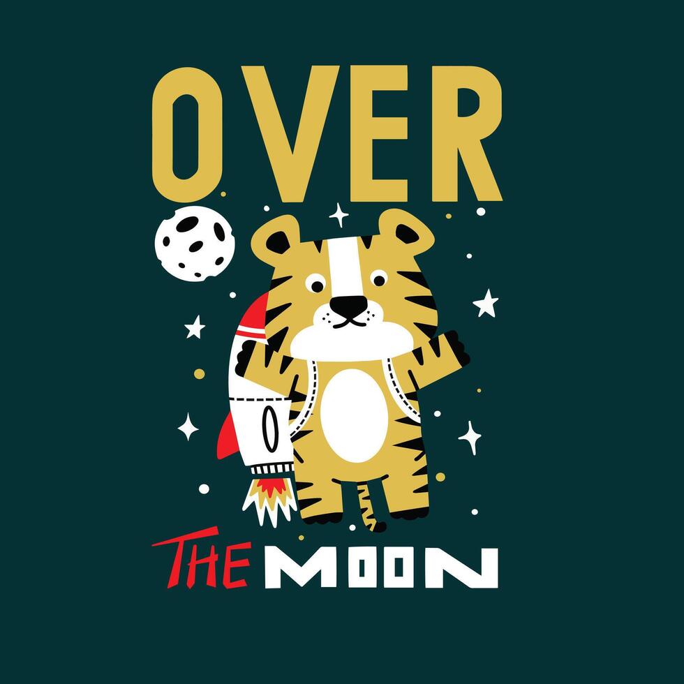 Cute tiger over the moon illustration with tshirt design premium vector