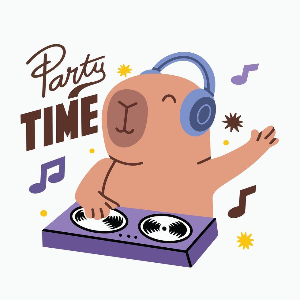 Cute capybara playing dj music with tshirt design premium vector
