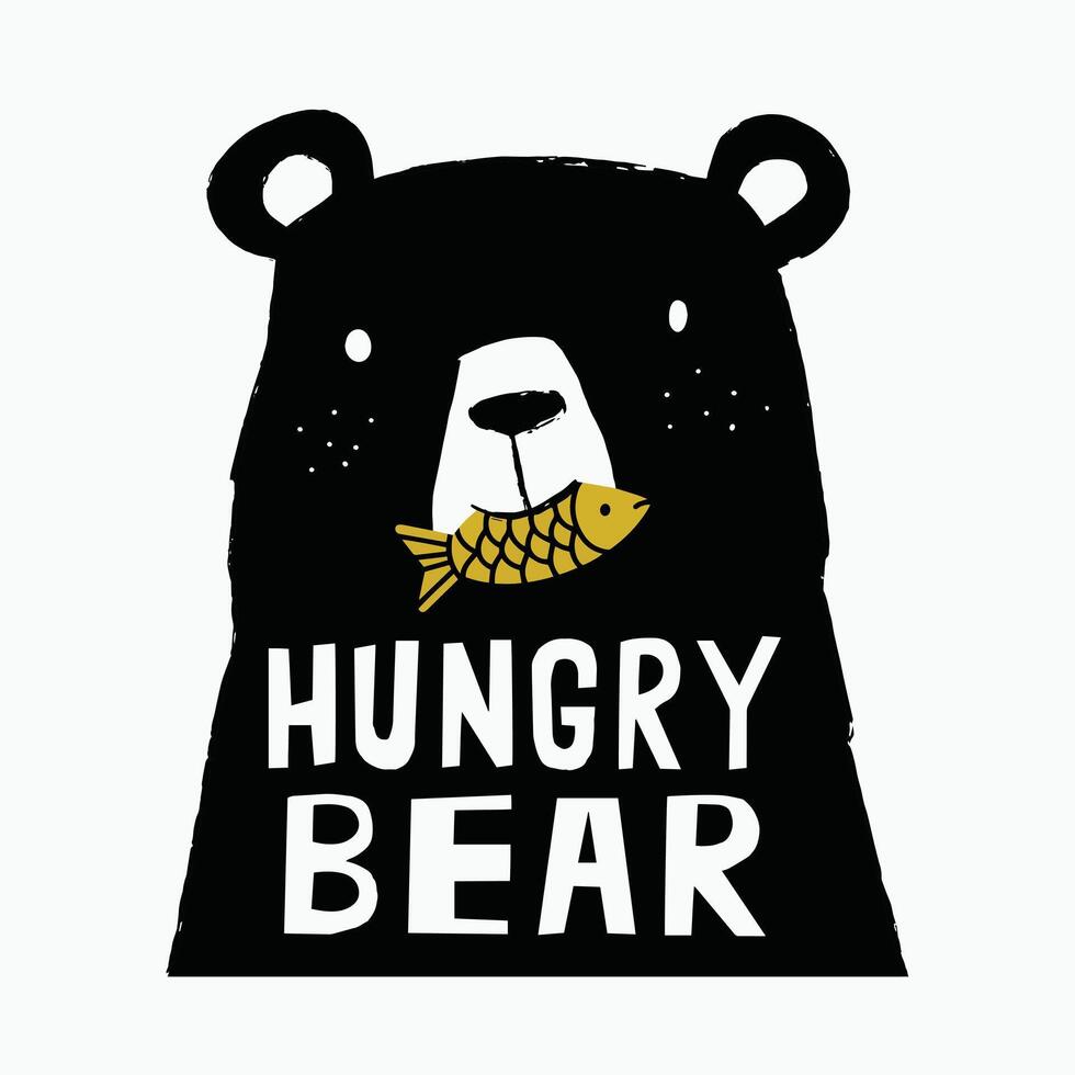 Cute hungry bear eating fish with tshirt design premium vector