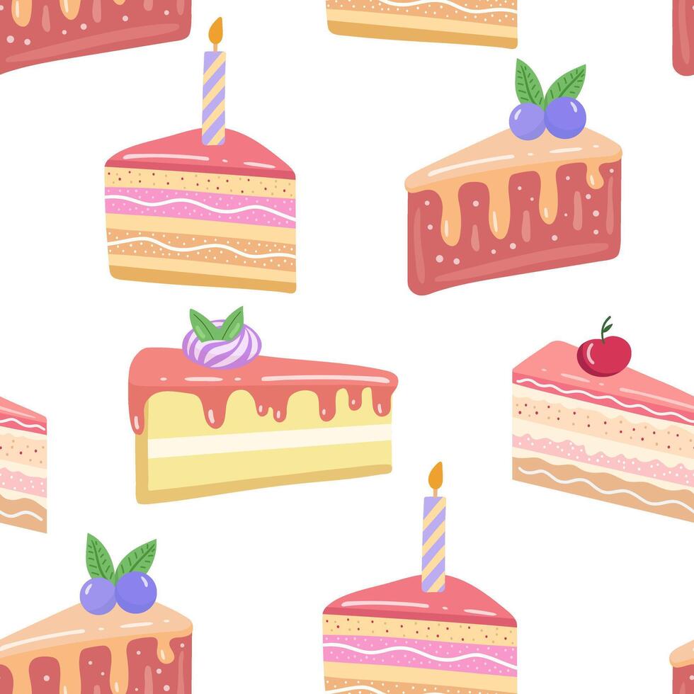 Cake slice pieces isolated on white background. Seamless pattern. vector