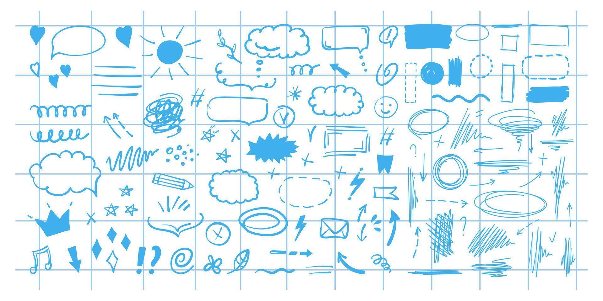 Doodle design elements and arrows. Elements for infographics. Hand drawn set of icons, frames, borders, arrows in isolated on checkered notebook sheet background. vector