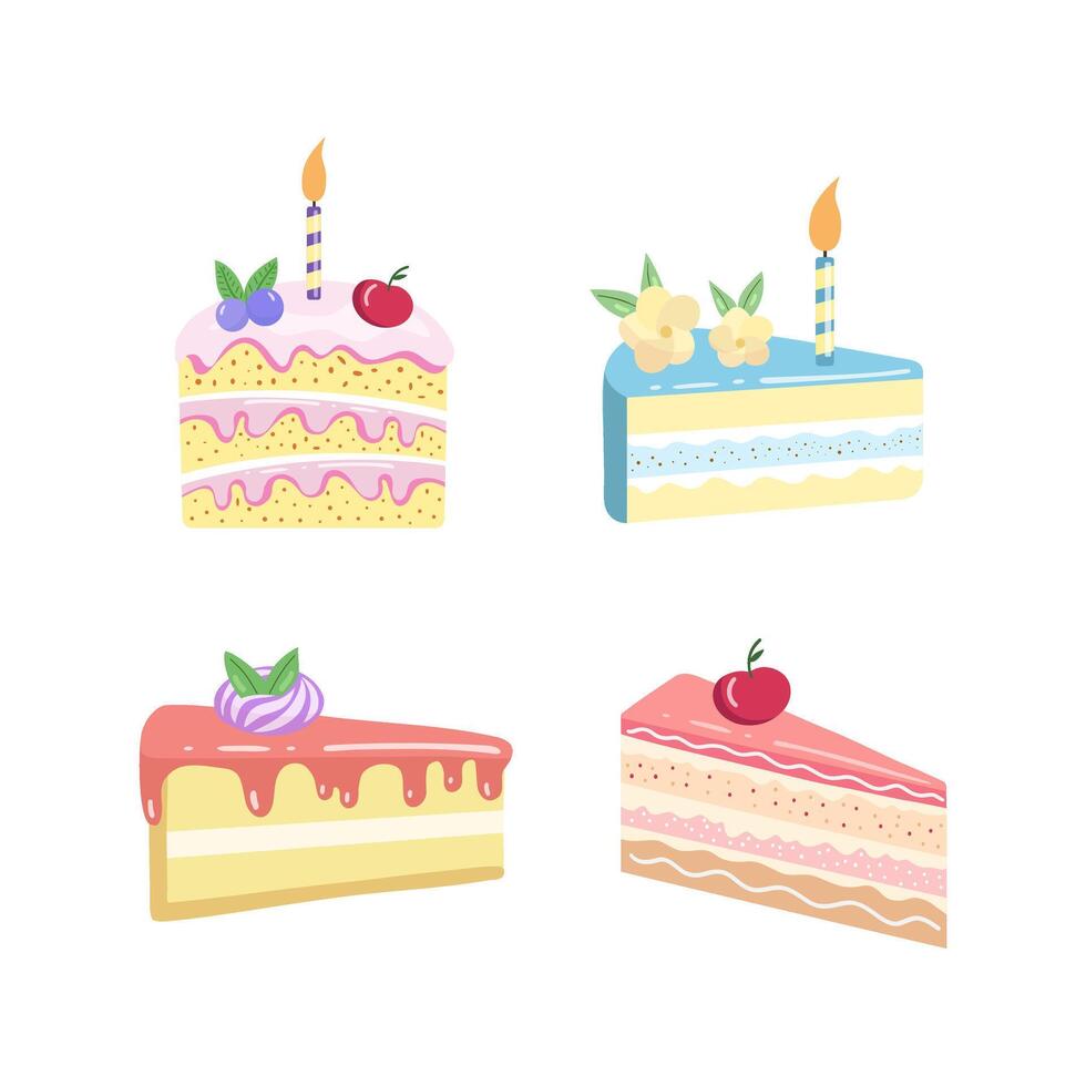 Cake slice pieces isolated on white background. illustration set for stickers and postcards vector