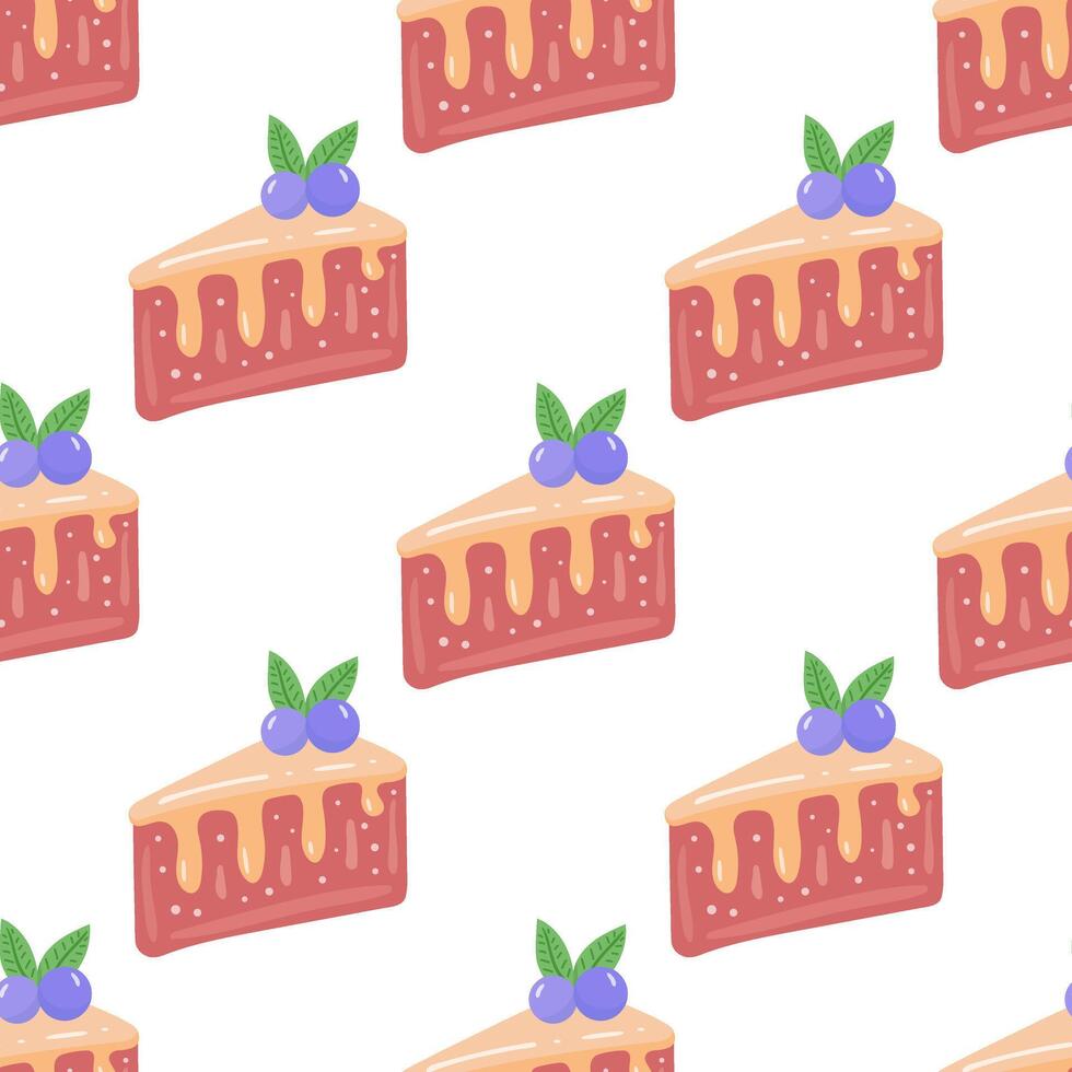 Cake slice piece with berries isolated on white background. Seamless pattern. vector