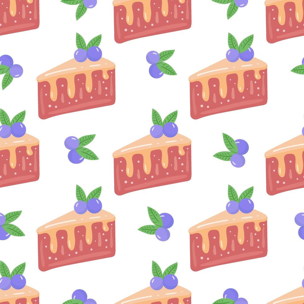 Cake slice piece with berries isolated on white background. Seamless pattern. vector