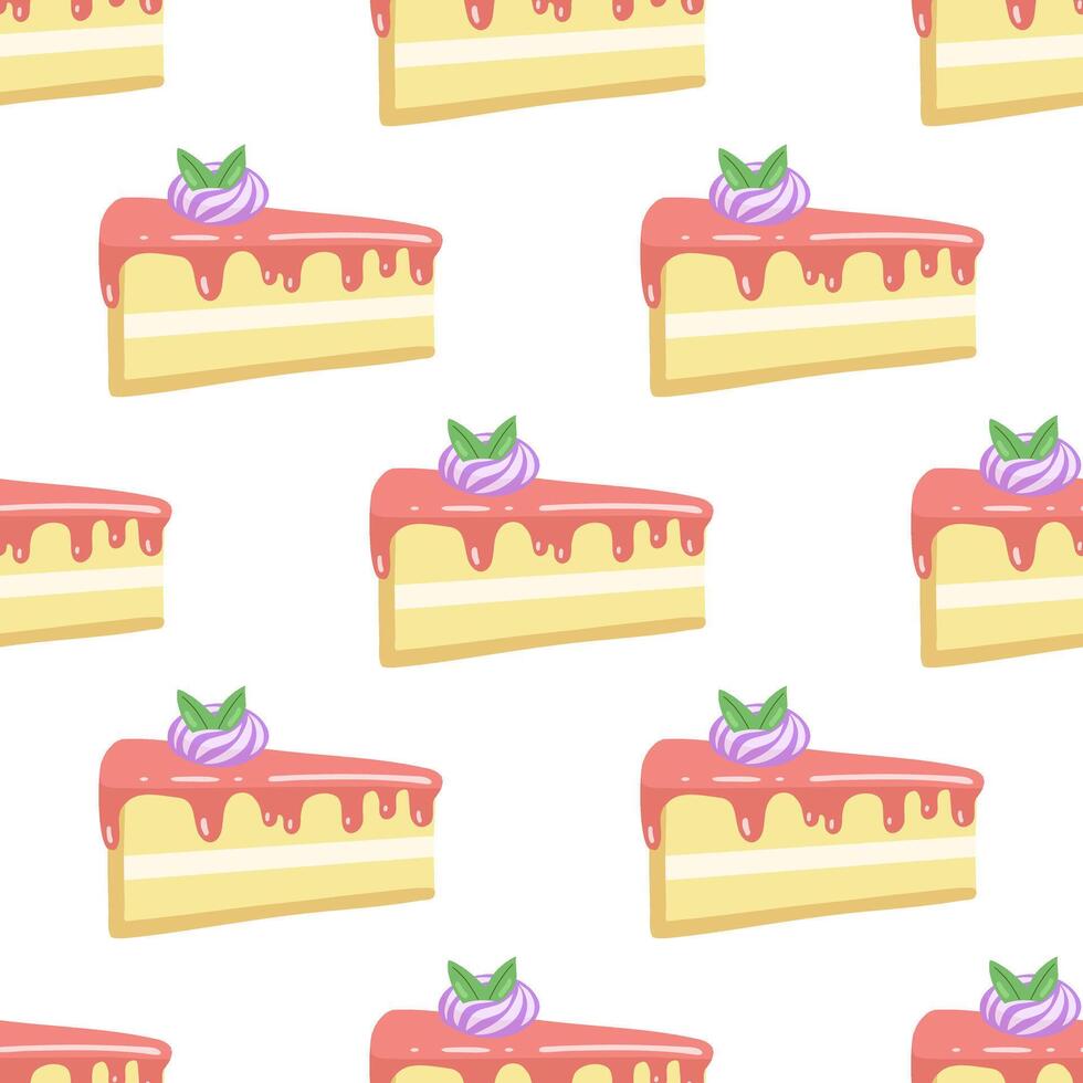 Cake slice piece with meringue isolated on white background. Seamless pattern. vector
